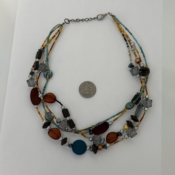 Multi Strand Brown Teal Wood Beaded Necklace Boho Layered Statement Jewelry - Picture 5 of 8